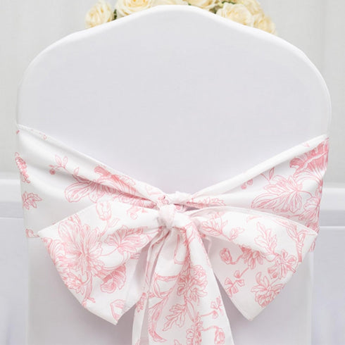 6"x108" Efavormart Polyester Chair Sashes White Pink French Toile Floral Design - Durable & Reusable Chair Bows