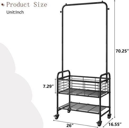 Black Rolling Laundry Hamper with Wheels, Laundry Basket Sorter Cart, Shelf Hanging Rack