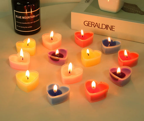 Heart-Shaped Tealight Candles, 12PCS Multicolor Love Romantic Unscented Candle with 100PCS Silk Rose Petals for