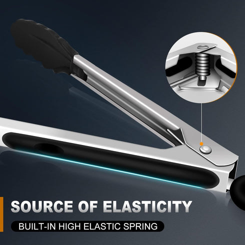 Kitchen Tongs Set of 3 - Silicone Tips, Heat Resistant 600°F Stainless Steel Locking Tongs, 7", 9", & 12"