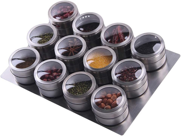 Sanvcomy 12 Magnetic Spice Jar Containers Spice Tins - Wall Mounted Stainless Steel