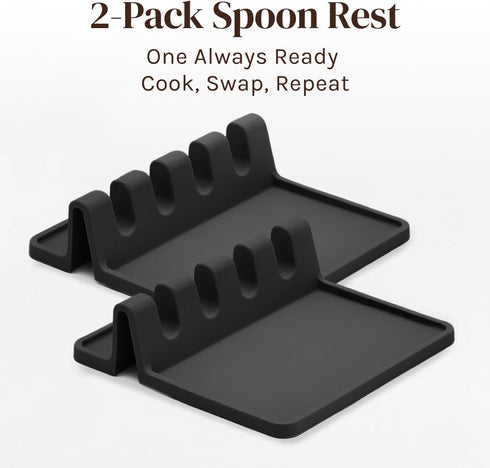 Black Silicone Spoon Rest with Drip Pad - Heat-Resistant Utensil Rest & Spoon Holder for Kitchen Counter