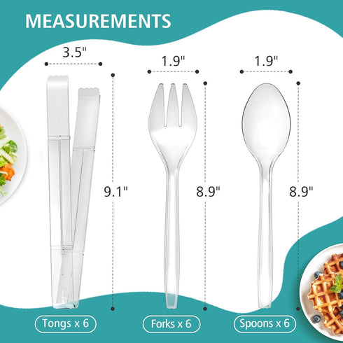 Plastic Serving Utensils, 9" Clear Disposable Utensils 18 Pack, Includes Serving Tongs, Spoons, and Forks