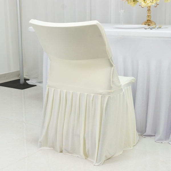 Efavormart Lifetime Folding Chair Cover Ivory Spandex Pleated Stretch Slipcover with Floor-Length