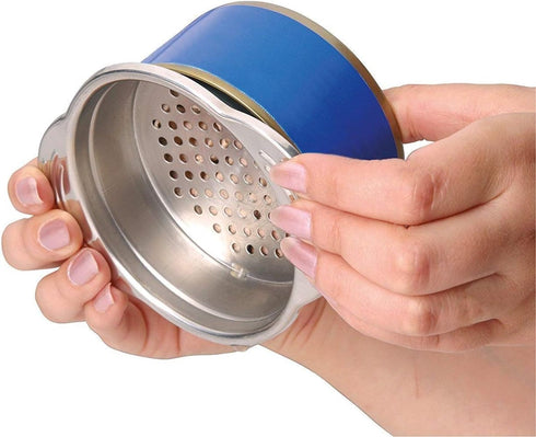 Stainless Steel Food Strainer Sieve Tuna Press Lid Oil Drainer Remover, Unique No-Mess Design