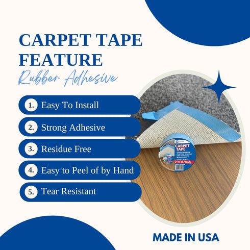 Carpet Tape, Double Sided Rug Tape, Secure Rugs to Floors, Removable, No Damage, Black, 2" x 25 Yard
