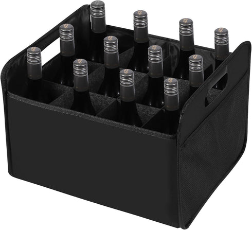 12 Bottle Wine Carrier - Collapsible Premium Felt Tote with Handles for Travel, Party, Picnic, Black