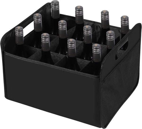 12 Bottle Wine Carrier - Collapsible Premium Felt Tote with Handles for Travel, Party, Picnic, Black
