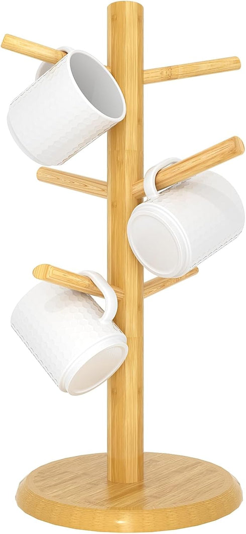 C&AHOME Coffee Mug Tree - 6 Hooks Wooden Holder Rack Stand for Countertop Standard Use