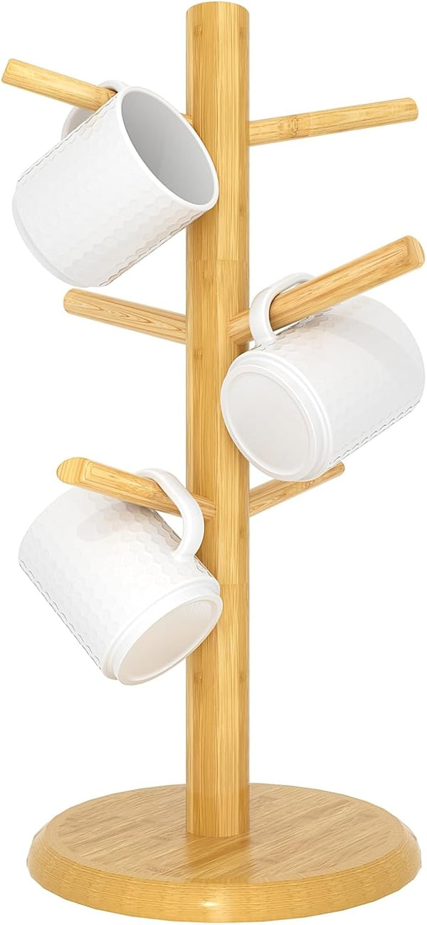 C&AHOME Coffee Mug Tree - 6 Hooks Wooden Holder Rack Stand for Countertop Standard Use