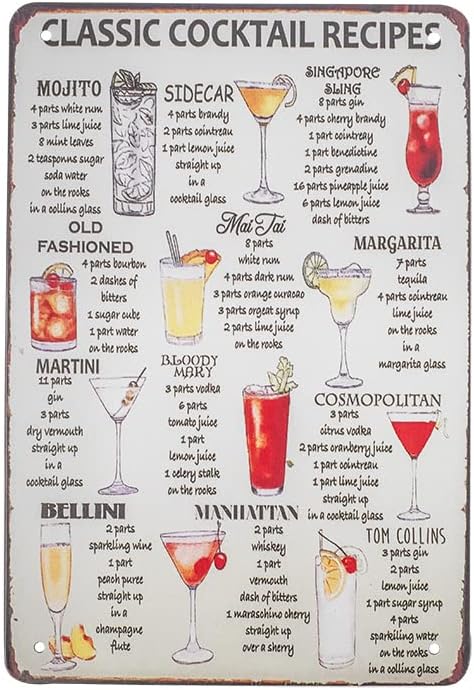 Treasure Gurus 8x12 Metal Retro Classic Alcohol Liquor Cocktail Recipes Wall Sign, Home Bar Decor