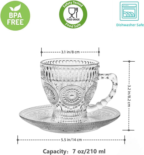 7 Oz Set 6 cosnou Vintage Glass Tea Cups with Saucers, Glass Mugs of Espresso Coffee Embossed Glassware with Handle