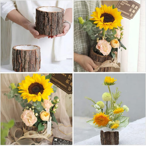 Wooden Flowers Rustic Flower Pot, Wood Bark Planter Container for Indoor Outdoor Succulent Bonsai Pots