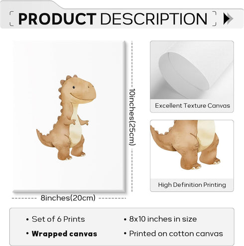 SYYANKK 8x10x6 Inch Dinosaur Nursery Wall Art Kids Canvas Poster Boys Room Wall Decor Watercolor Dino Wall Art Toddler