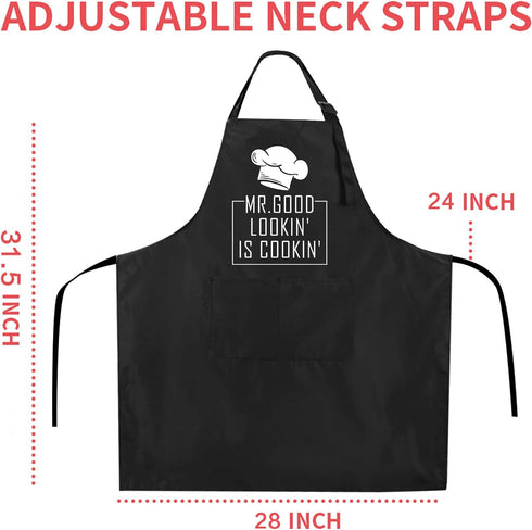 Rosoz Funny BBQ Black Chef Aprons for Men, Adjustable Kitchen Cooking Aprons with Pocket