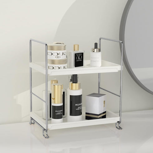 FSyueyun 2-Tier Bathroom Counter Organizer, Tool-Free Installation Vanity Makeup Tray and Skincare Shelf, Silver
