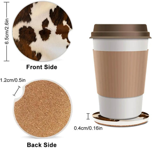 Absorbent Car Coasters 2 Pack - Cow Hide Car Coaster for Drinks, Ceramic Stone Cup Holder with Finger Notch, Brown