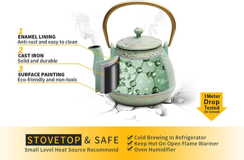TOPTIER Japanese Teapot with Stainless Steel Infuser - Cast Iron Tea Kettle for 32 Ounce (Light Green)