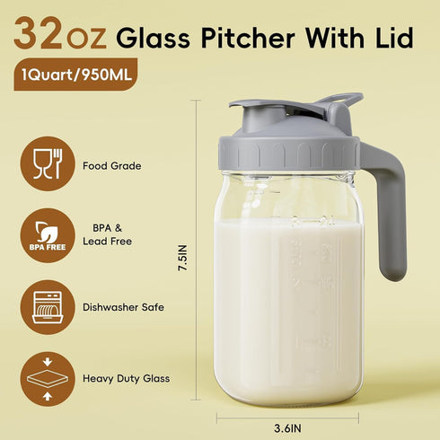 32 oz Drinks2Pack Breast Milk Pitcher - Glass Mason Jar with Dual Leak-Proof Design, Airtight Seal, Pour Spout