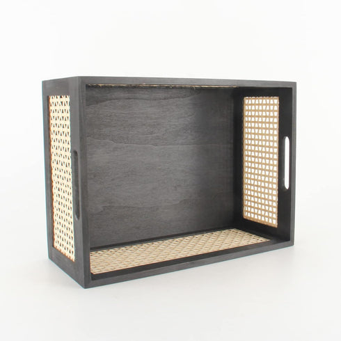 Black Wooden Rattan Storage Basket for Organizing, 14.96"x11.02"x6.30"