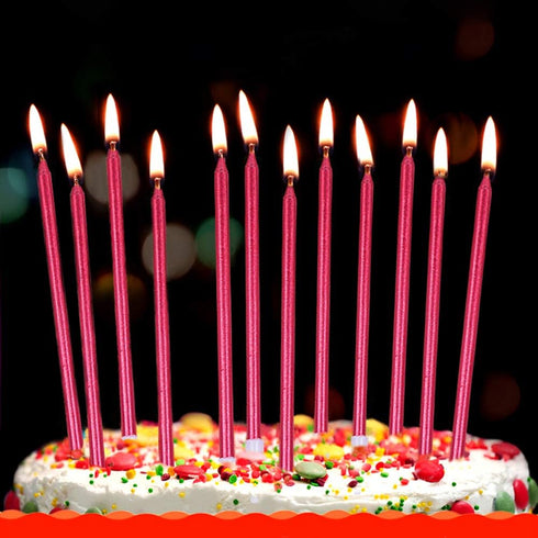 12 Count Long Thin Red Birthday Cake Candles with Holders for Birthday, Wedding Party, Cupcake Decorations