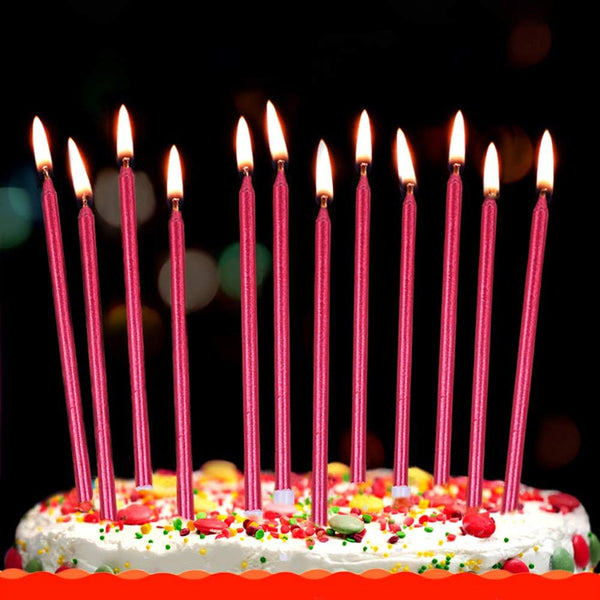 12 Count Long Thin Red Birthday Cake Candles with Holders for Birthday, Wedding Party, Cupcake Decorations