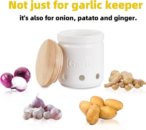 4.5-Inch 24 oz, ONTUBE Garlic Keeper with Wooden Lid, Ceramic Garlic Holder Storage, Garlic Container for Kitchen