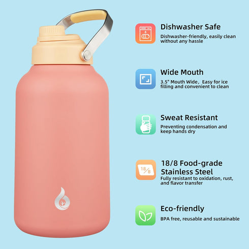 BJPKPK 1 Gallon Insulated Water Bottle, 128oz Large Jug with Metal Handle & BPA Free Spout Lid, Pink