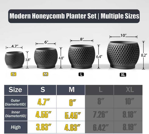 Fabix3D 3D 4.7/6 Inch Plant Pots, Modern Printed Honeycomb Planters for Indoor Plants, Matte Black Decorative Flower