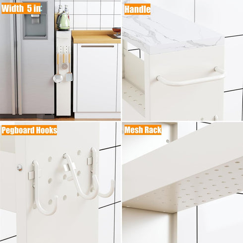 Slim 4-Tier Storage Cart, 5-Inch Width White Rolling Cart with Handle & Wooden Top for Kitchen, Bathroom, Laundry