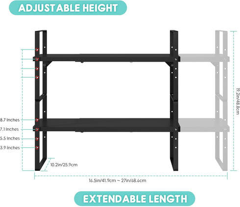 Expandable Cabinet Shelf Organizers, Stackable Metal Shelves Extender for Kitchen Cabinet Countertop Storage, Black (2