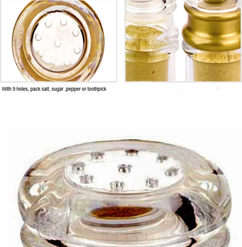 Acrylic Condiment Salt Pepper Chili Powder Shaker - Cruet Bottle with Nine-Hole Cover, Gold & Clear, F5xH9.4cm