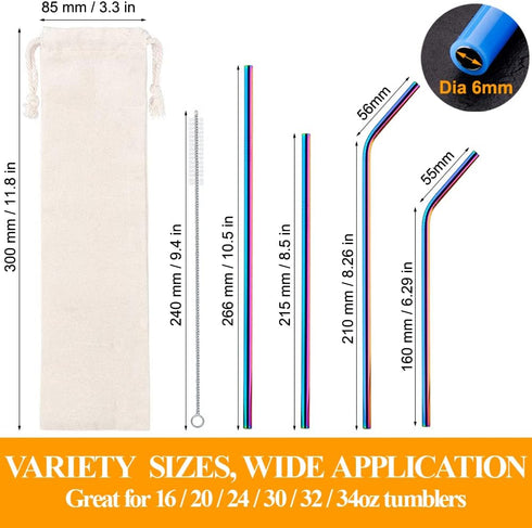 Lazycorner 16 Pcs Reusable Metal Straws, 8.5" 10.5" Stainless Steel Straws with Silicone Tips and Travel Case