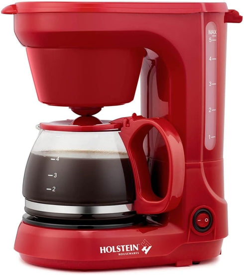 Holstein Housewares 5 Cup Drip Coffee Maker, User Friendly with Permanent Filter, Borosilicate Glass Carafe, Red