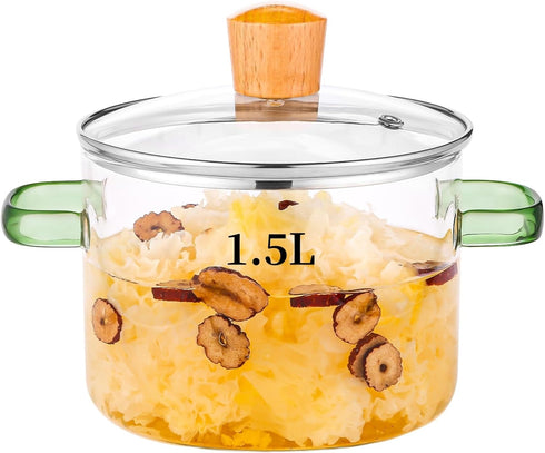 1.5L Glass Cooking Pot, 51oz/6cups Simmer Pot for Stove Top, Oven/Gas Safe (Green Handle)
