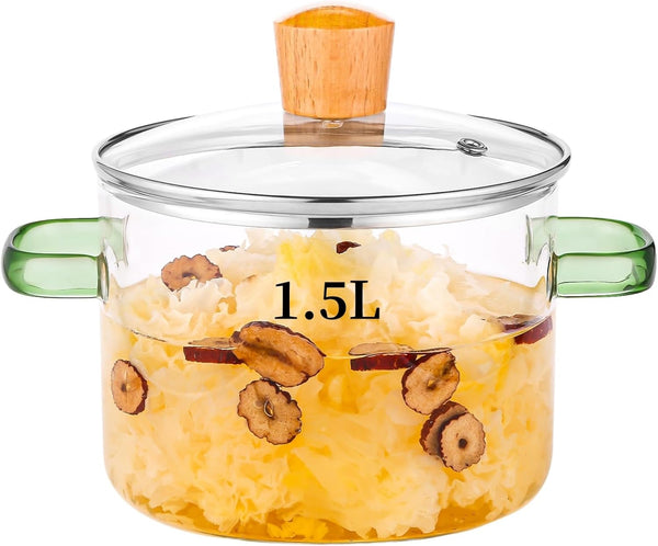 1.5L Glass Cooking Pot, 51oz/6cups Simmer Pot for Stove Top, Oven/Gas Safe (Green Handle)