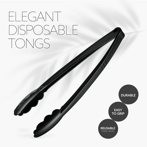 Plasticpro 12'' Serving Tongs, Heavy Duty Reusable Black Tongs for Kitchen and BBQ, Pack of 12 for Parties, Catering,