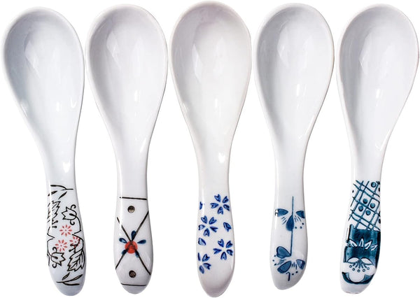 Japanese Style Set of 5 Soup Spoons, Asian Ceramic Ramen Spoons