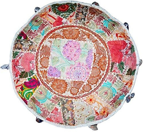 18x13) Aakriti Gallery Indian Pouf Footstool Ethnic Embroidered Pouf Cover, Indian Cotton Round Pouffe Ottoman Pouf