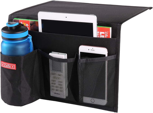 Bedside Storage Organizer - Caddy for Remotes, Phone, Glasses with 4 Pockets in Black