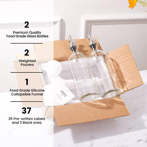 500ml, Set 2 Molimoli Oil and Vinegar Dispenser with Metal Pour Spout, Weighted Pourer, Glass Bottle Dispenser
