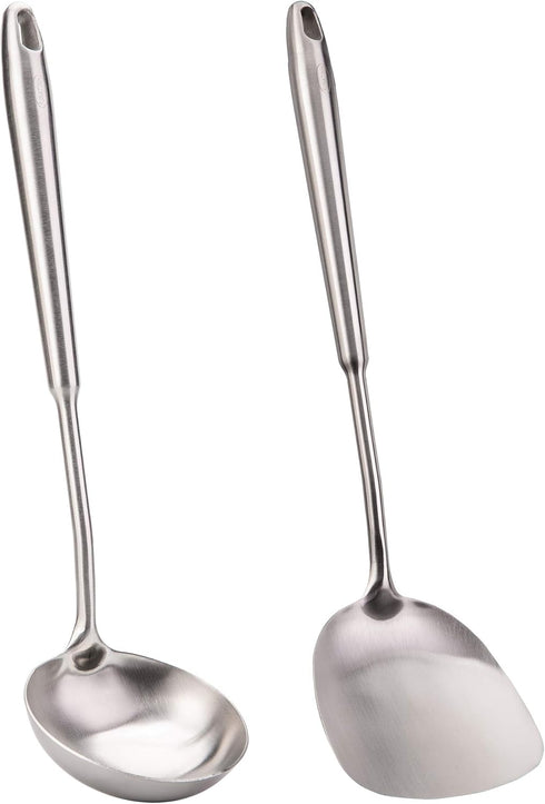 FJNATINH Wok Spatula and Soup Ladle Set, 304 Stainless Steel Utensil Tools Set, 2 Pieces for Cooking Kitchen