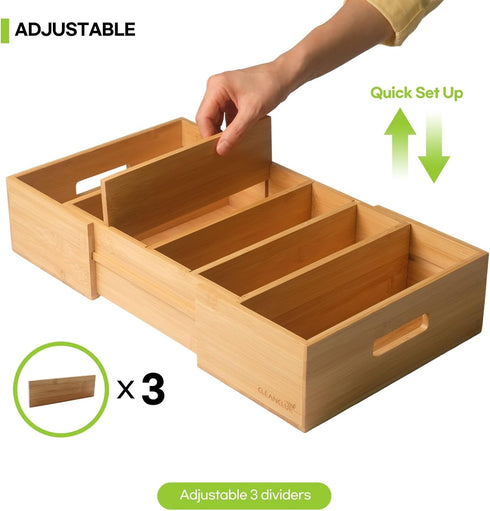 Expandable Kitchen Cabinet Organizer for Food Storage Container Lids, Bamboo Drawer Caddy, Adjustable Dividers