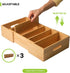 Expandable Kitchen Cabinet Organizer for Food Storage Container Lids, Bamboo Drawer Caddy, Adjustable Dividers