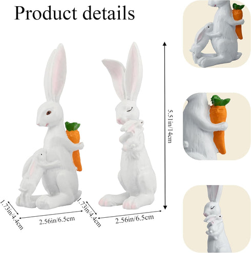 2Pcs 5.5 Inch Easter Bunny Decorations - White Resin Easter Rabbits with Carrot, Decorative Bunnies Mom with Kids