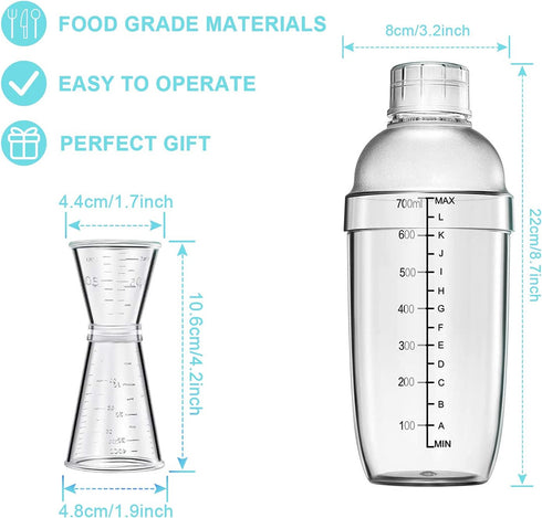 4 pcs Clear Cocktail Shaker Set, 2 pcs Plastic Bar Shaker with 2 pcs Plastic Double Measuring Jigger