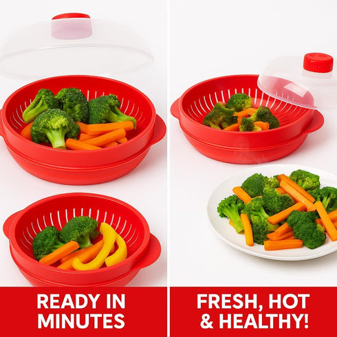 Microwave Steamer for Vegetables, Fish, Poultry & Rice – BPA-Free Cooking Container, Red, Dishwasher Safe
