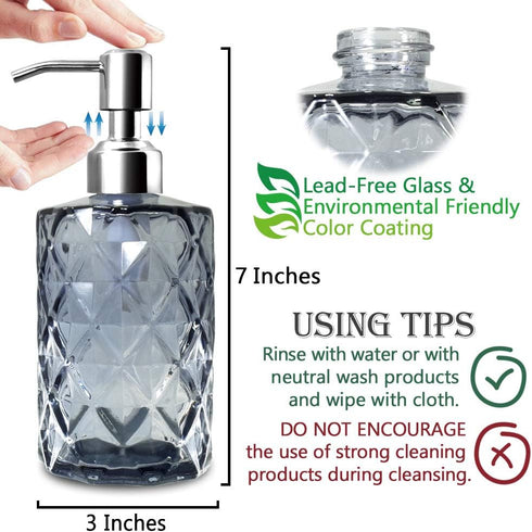 JASAI Diamond Design Glass Soap Dispenser, 12 Ounce Kitchen Soap Dispenser with Stainless Steel Pump (Grey)