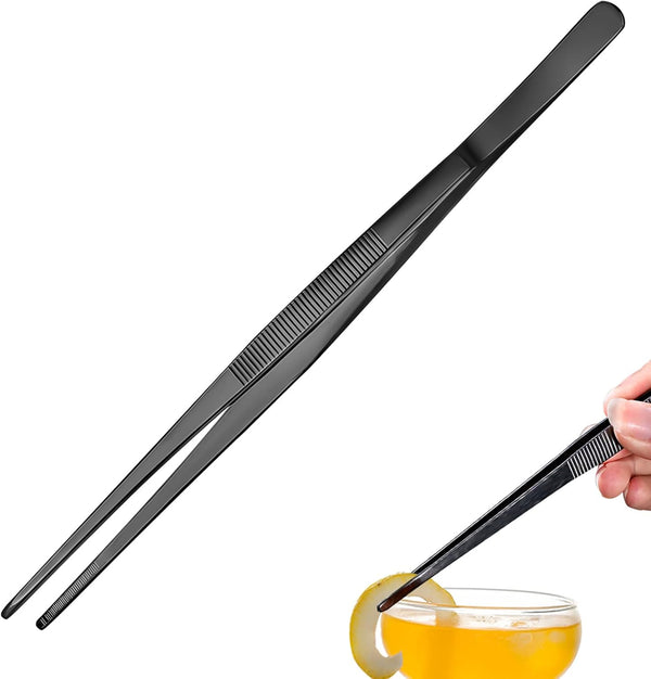 Precision Tweezers - 11.8''/30cm Stainless Steel Tongs for Bartender, Mixologists Clipping Food (NZ01-B, Black)
