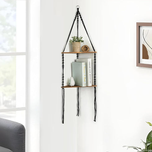 2 Artilady Macrame Corner Shelf Wall Hanging - Tier Black Corner Floating Shelves Boho Wall Decor, Rustic Wooden Plant
